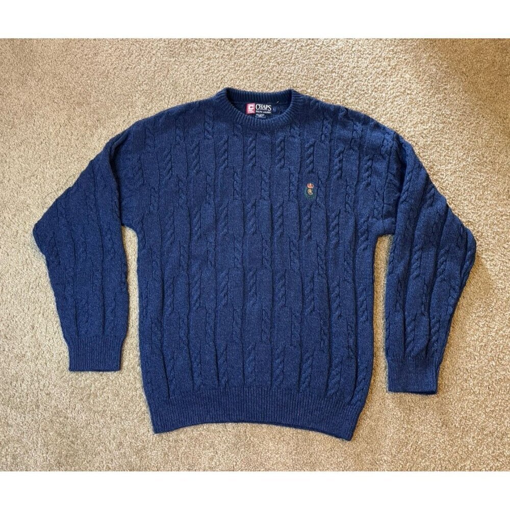 CHAPS RALPH LAUREN VTG Blue Cable Knit Sweater Chunky Crest Logo Cotton USA L